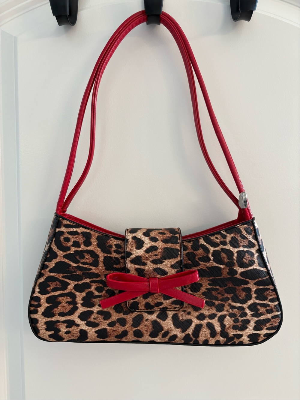 Leopard Print Shoulder Bag with Red Trim and Bow